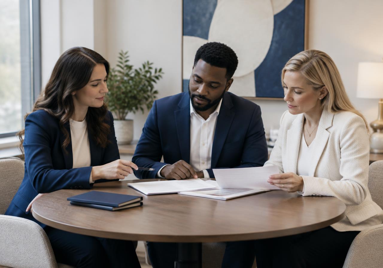Three professionals calmly reviewing documents at a round table