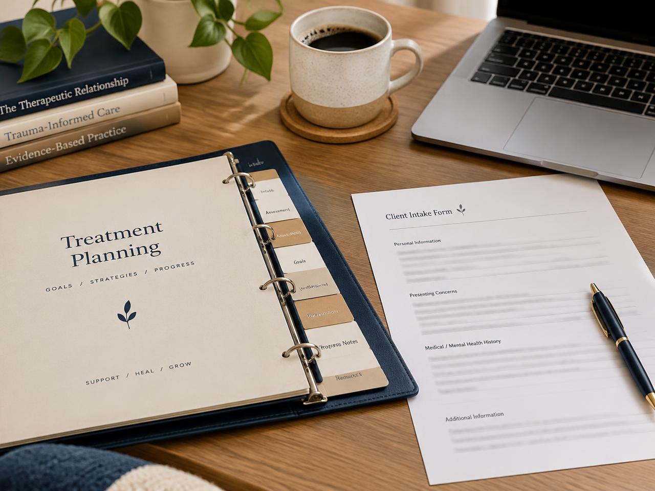 Organized treatment planning binder and intake form on a desk