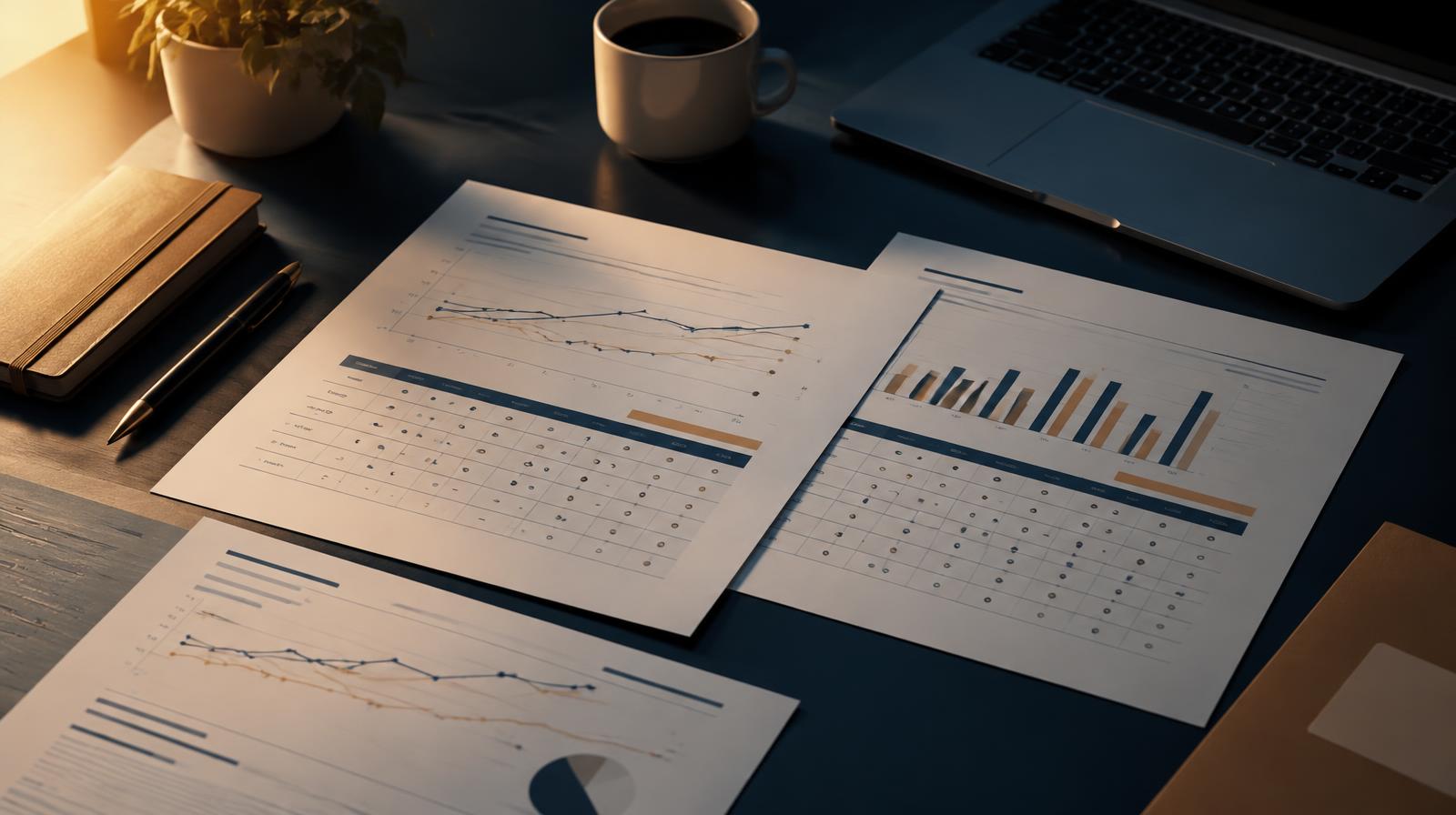 Printed progress reports with charts and attendance tables on a desk