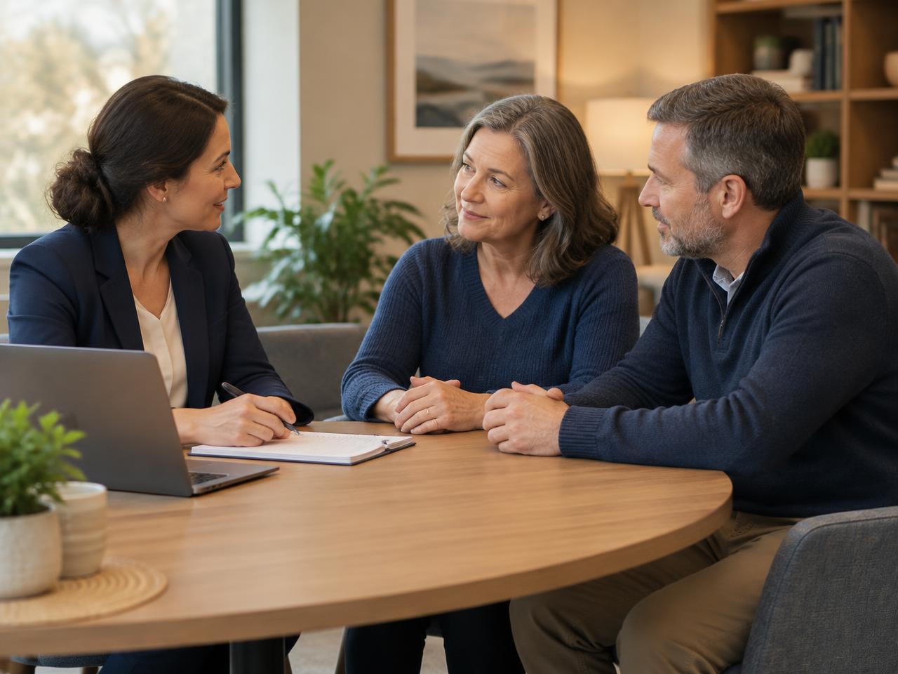 A case manager meeting with a family around a table during a calm consultation