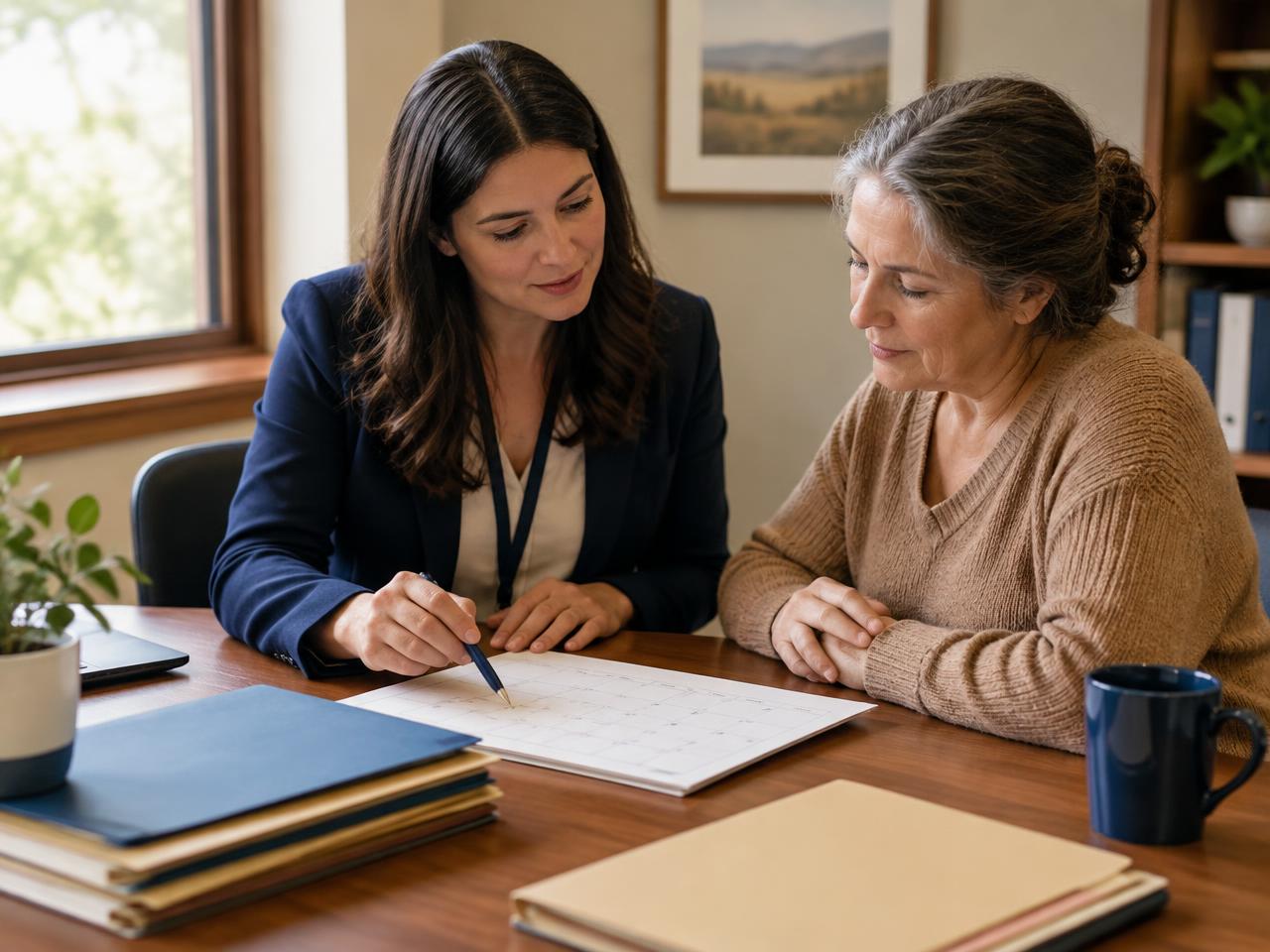 A case coordinator reviewing a calendar and organized folders with a client