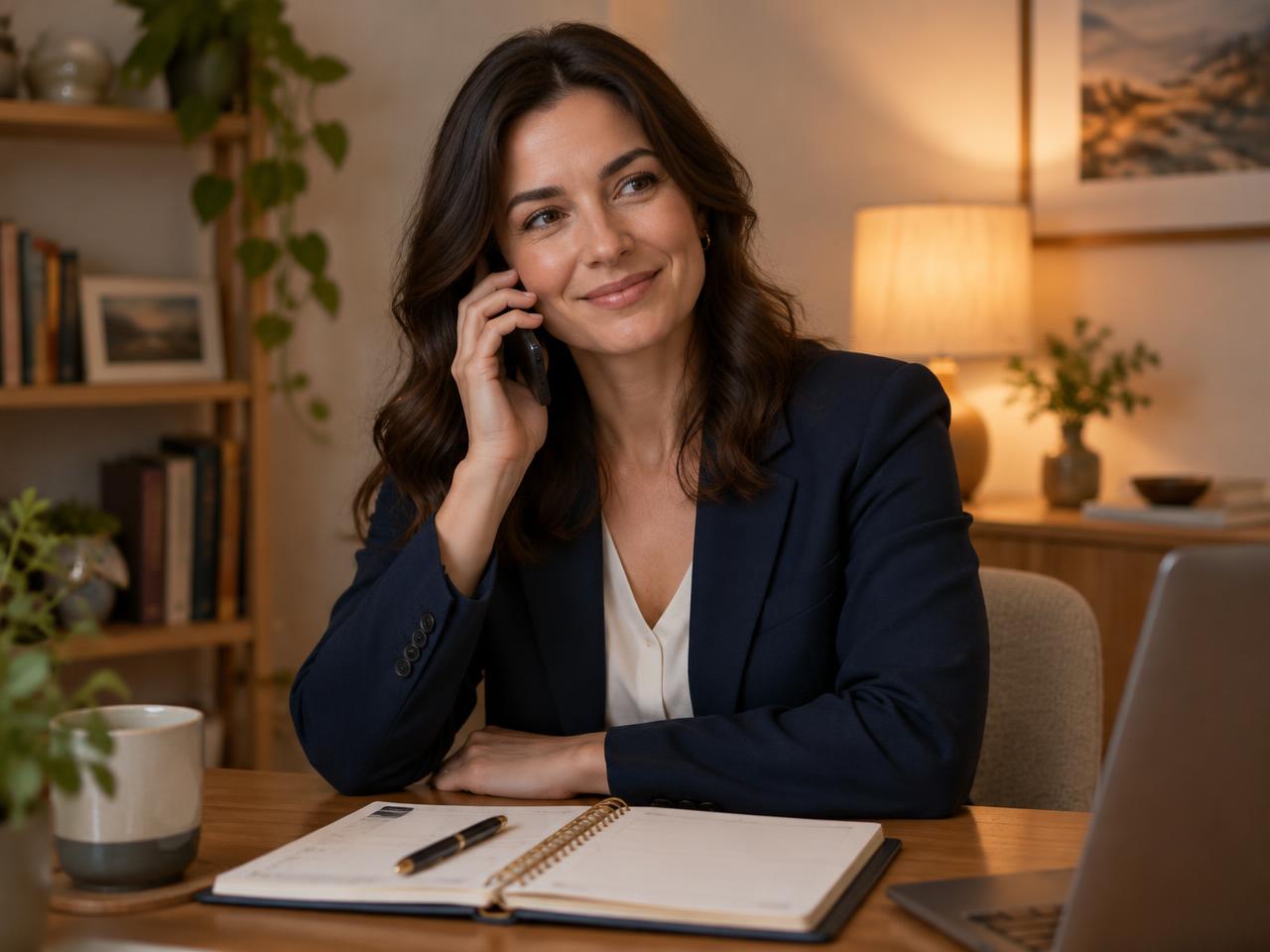 An ETS coordinator speaking calmly on the phone with a planner open on the desk