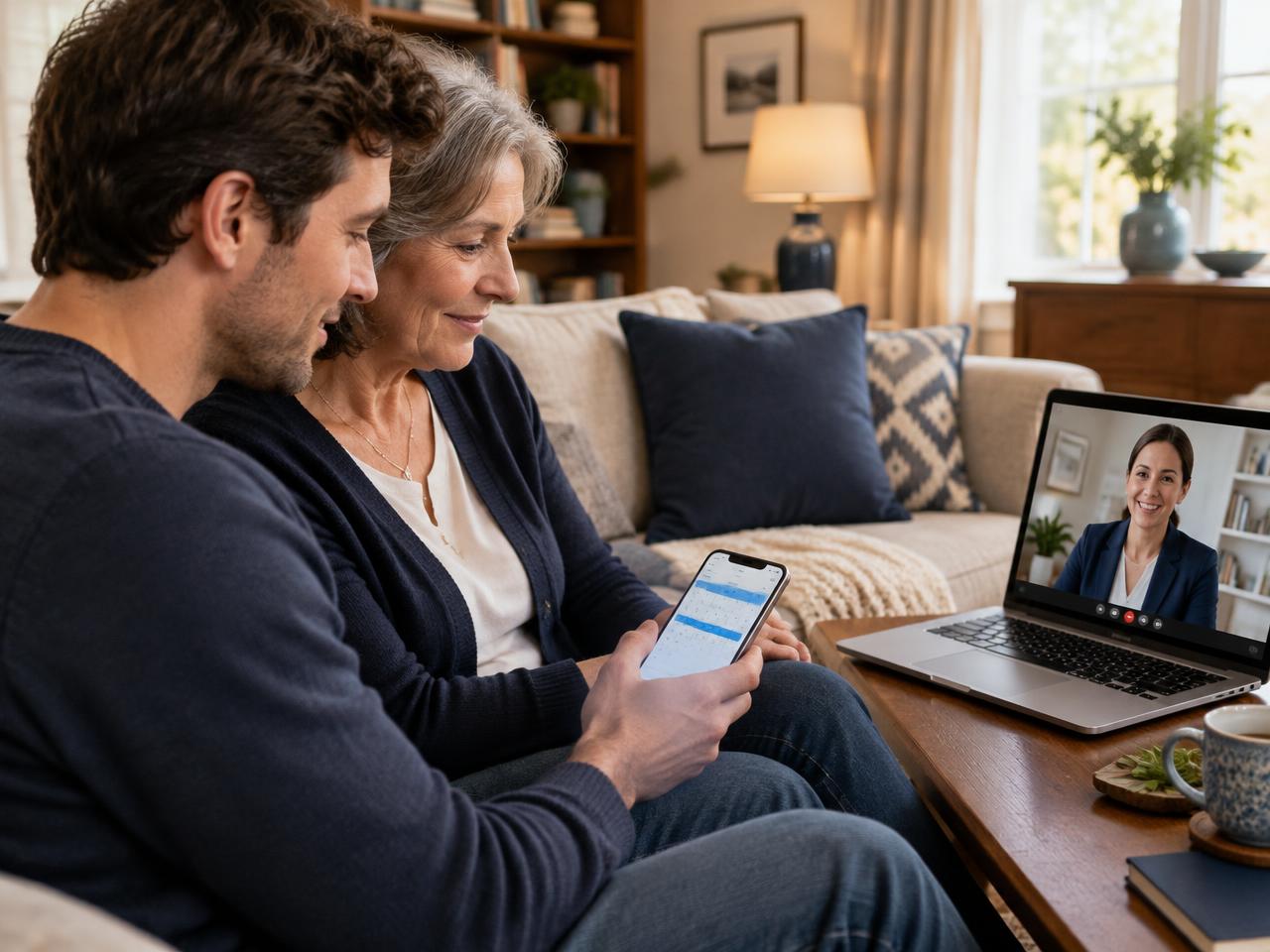 A mother and adult son reviewing a schedule on a phone during a video call with a coordinator