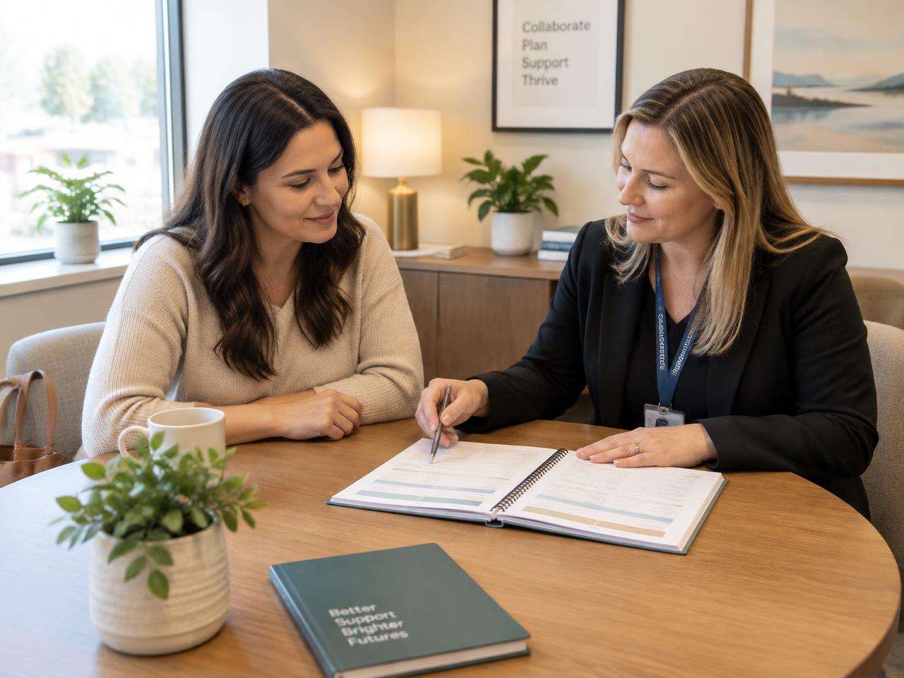 A parent and a treatment coordinator reviewing a planner together at a round table
