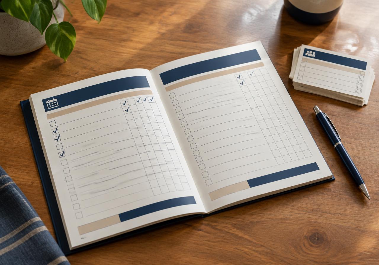 An open program workbook with a weekly checklist and attendance slips