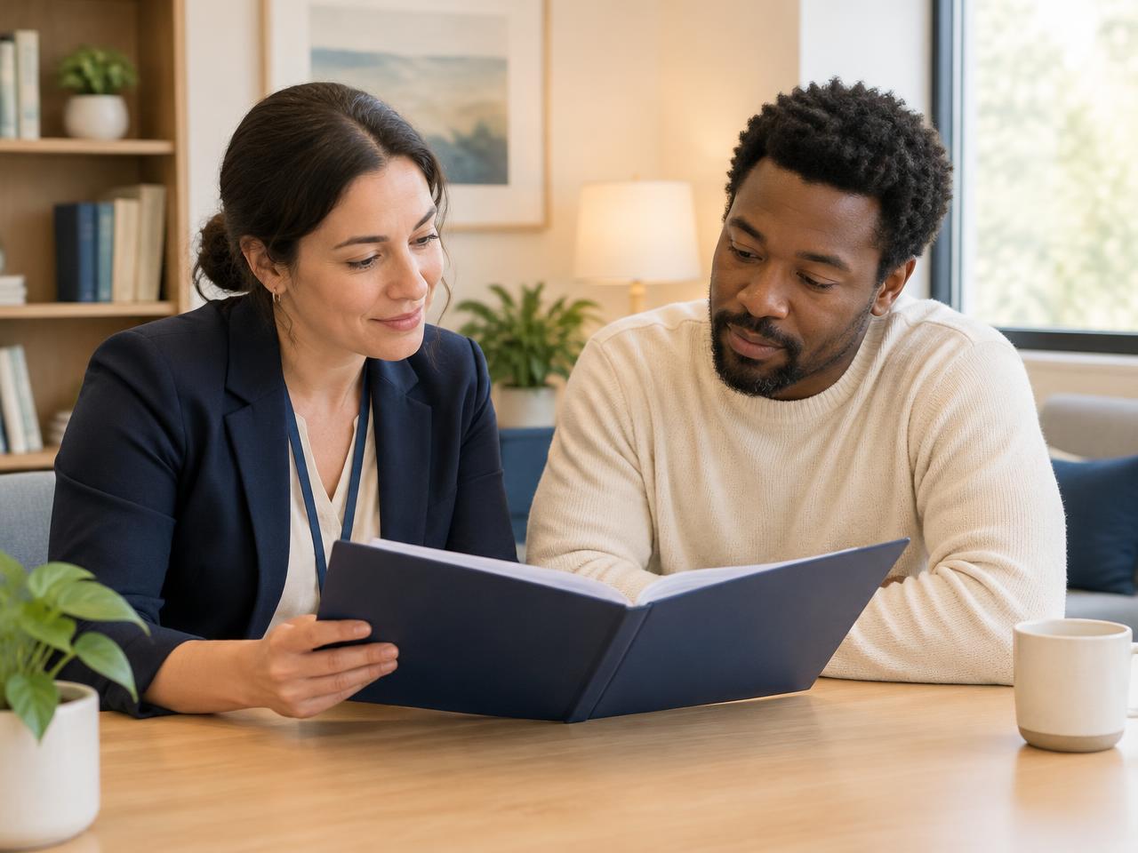 A care coordinator reviewing a treatment plan folder with an adult client
