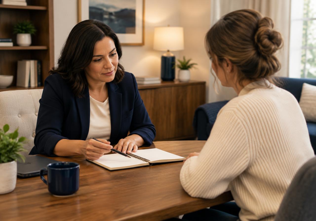 A counselor and a client talking calmly across a table in a warm office