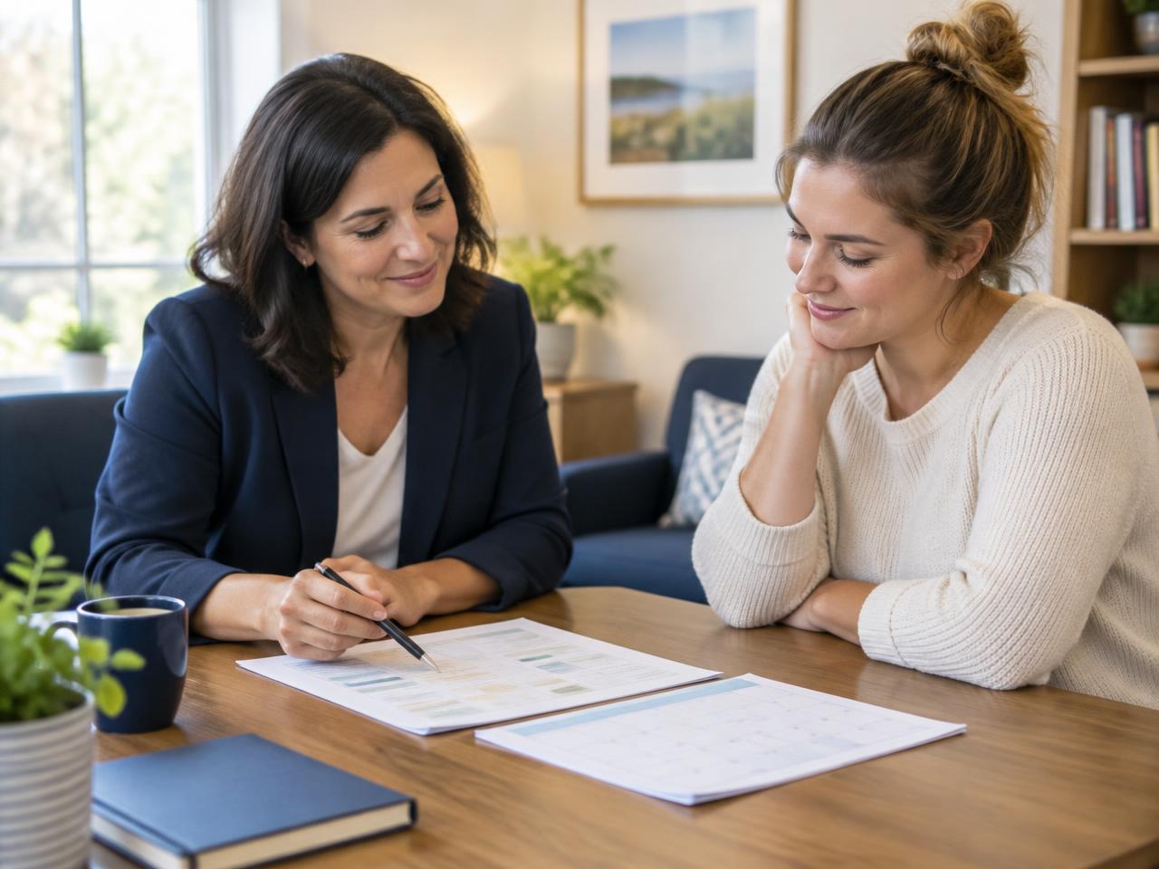 A counselor and a client reviewing a support plan and calendar together