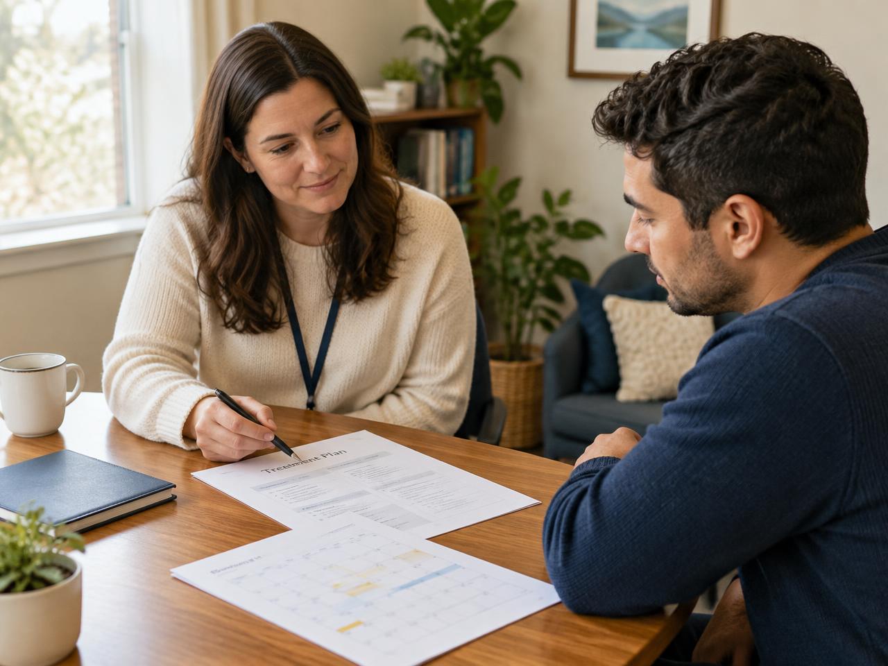 A counselor and a client reviewing a treatment plan and calendar together