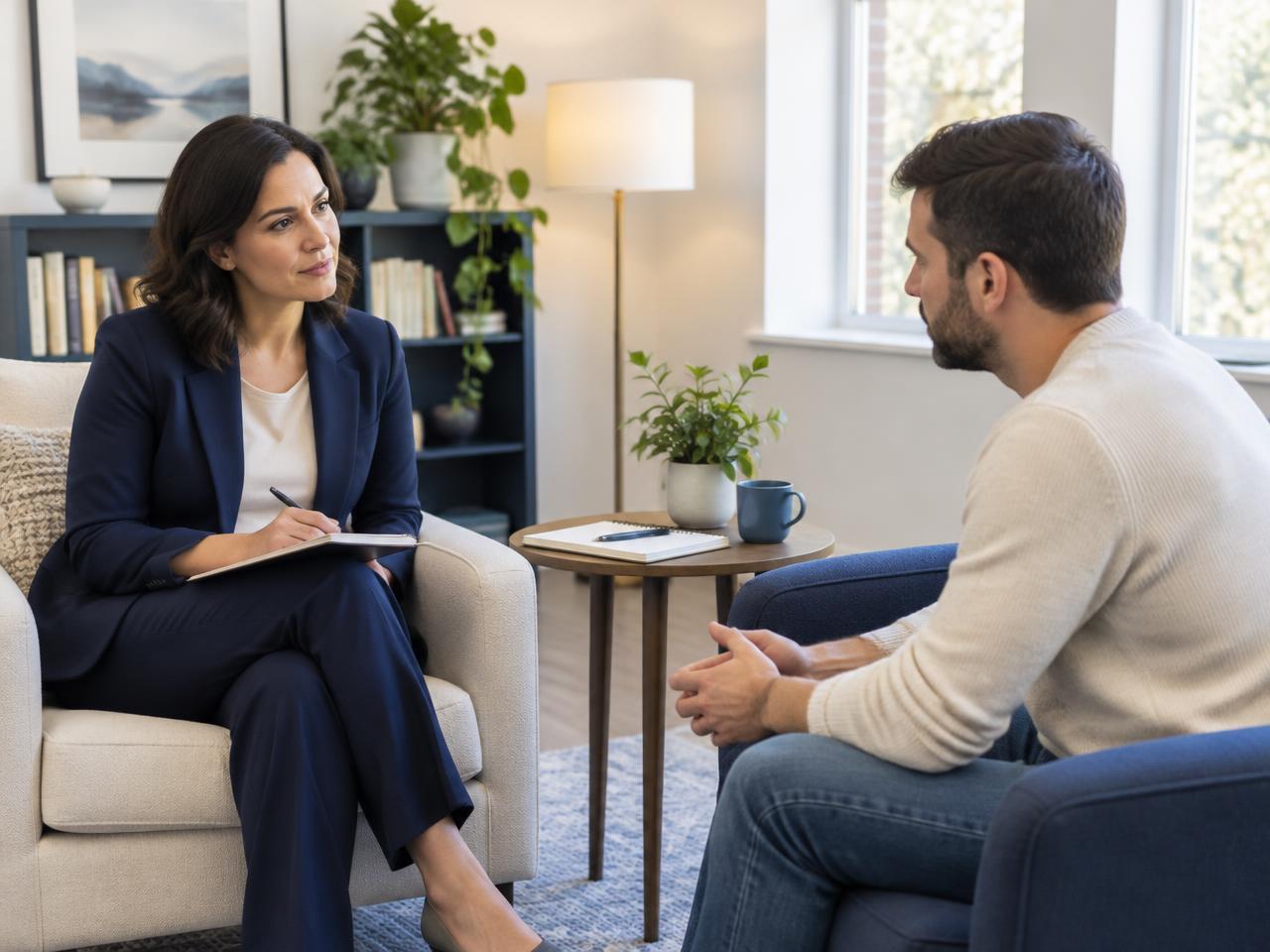 A counselor and a client talking in a calm office