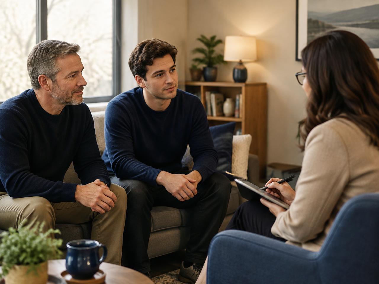 A parent and adult son meeting with a counselor during a calm consultation