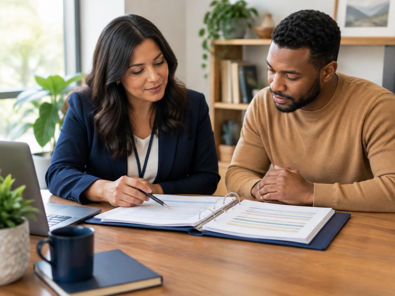 An ETS coordinator reviewing an organized progress binder with a client