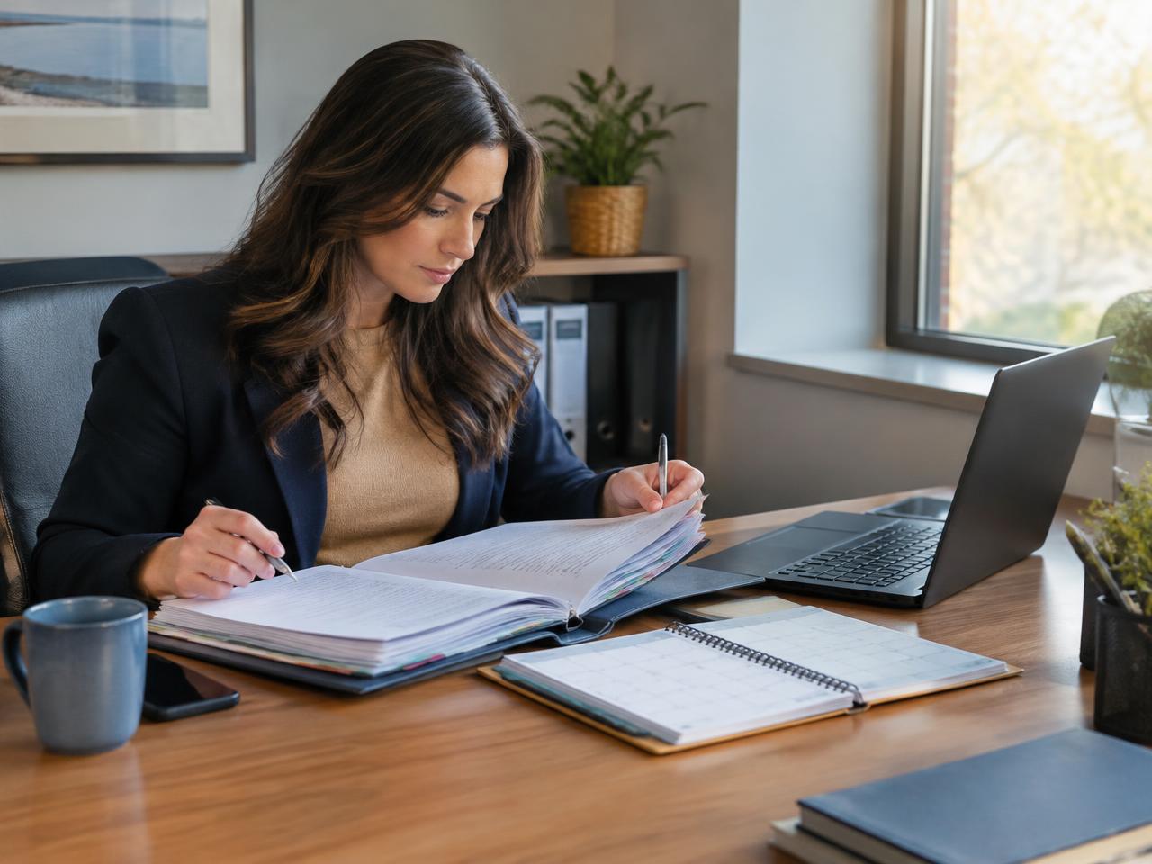 A case coordinator reviewing an organized records binder and schedule