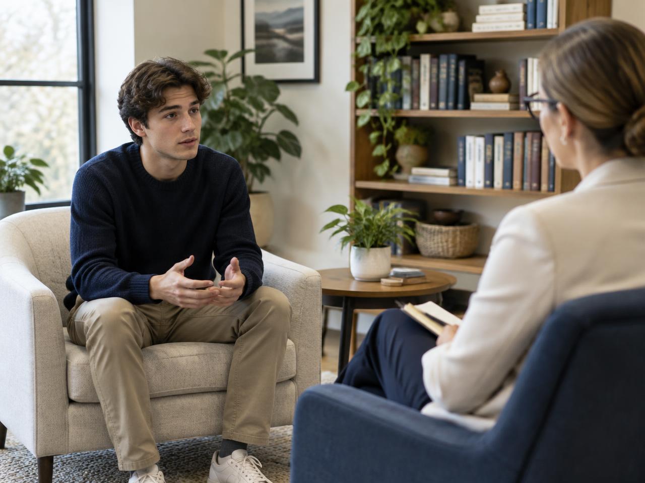 A young adult talking with a therapist in a quiet counseling office