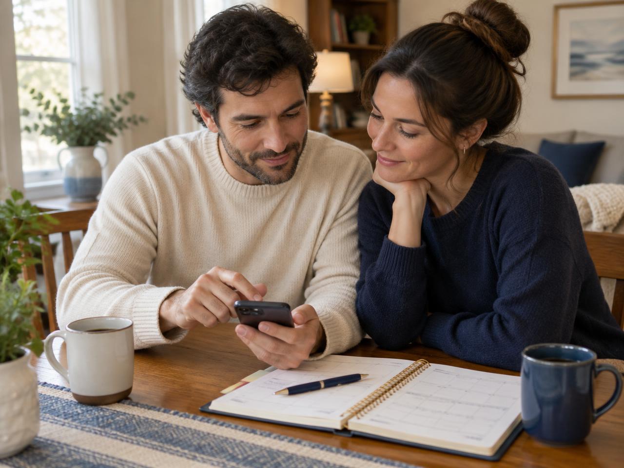 A man and his sister setting appointment reminders on a phone next to a planner
