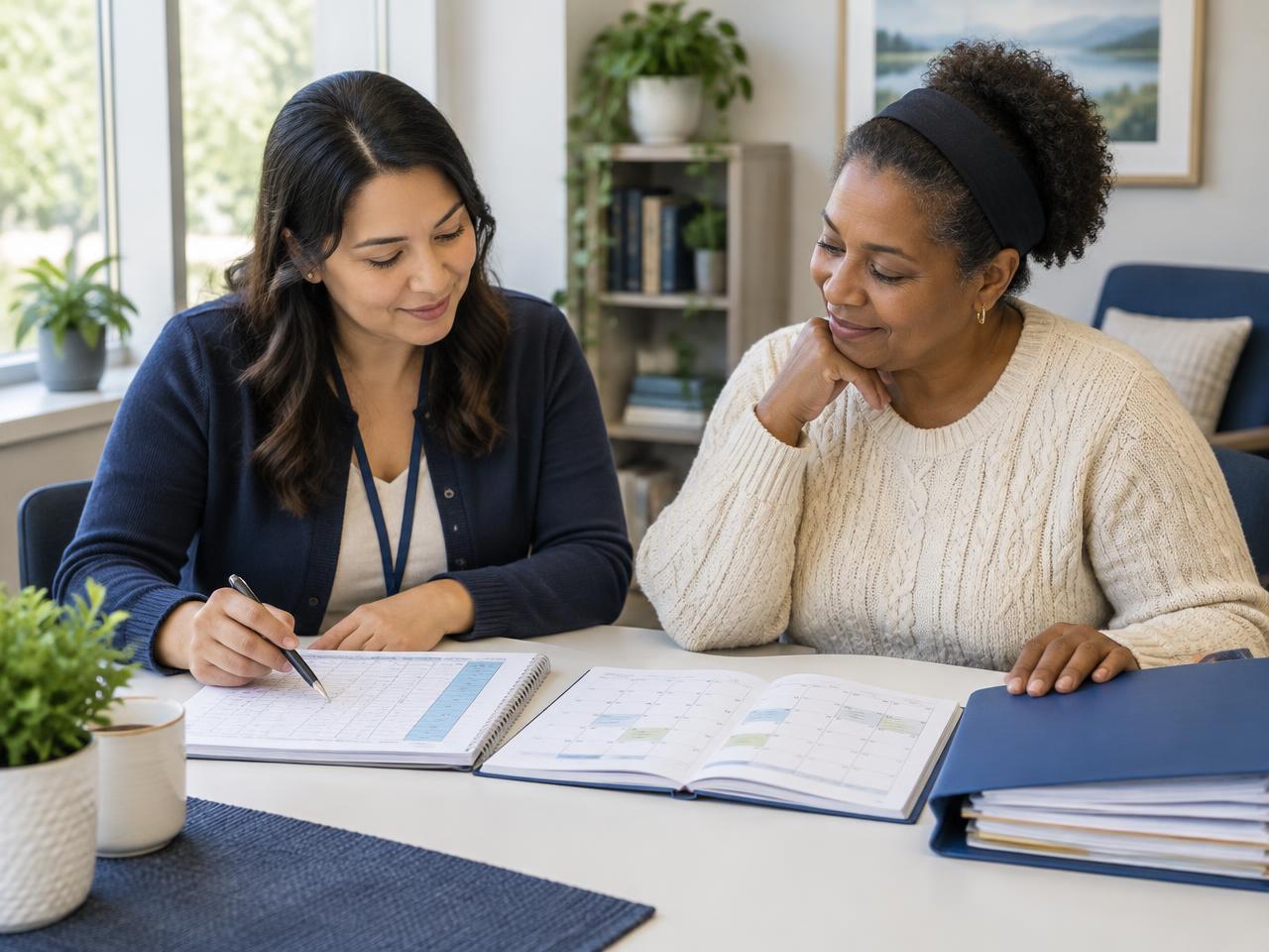 A case coordinator and a client reviewing an attendance log and calendar together