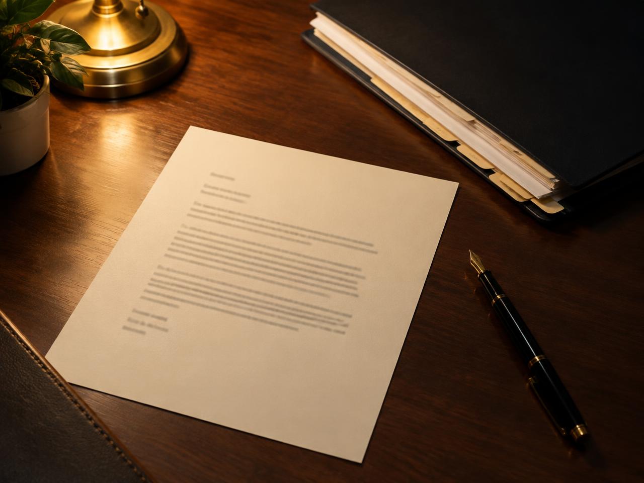 A one-page letter and a folder of tabbed documents on a desk