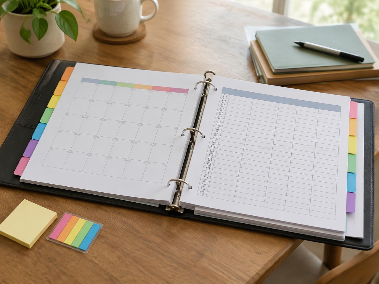 An open planning binder with a calendar and attendance sheets