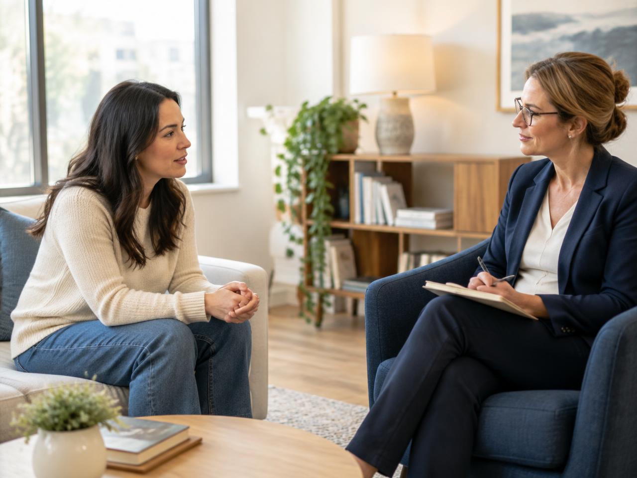An adult client talking with a counselor during a calm consultation