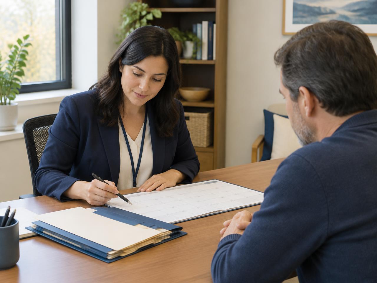 A case coordinator reviewing a testing calendar and records with an adult client