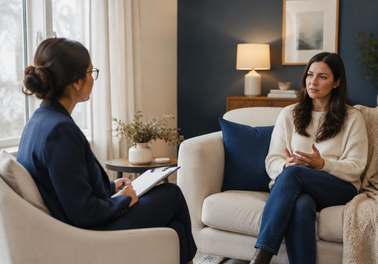 A therapist with a clipboard listening to a client in a calm office