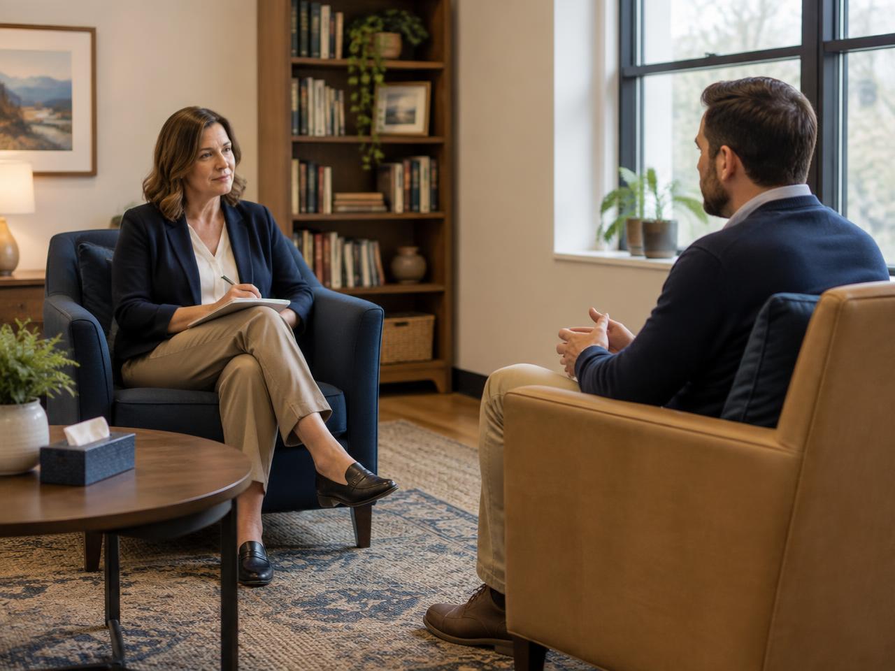 A counselor and an adult client talking in armchairs in a quiet office