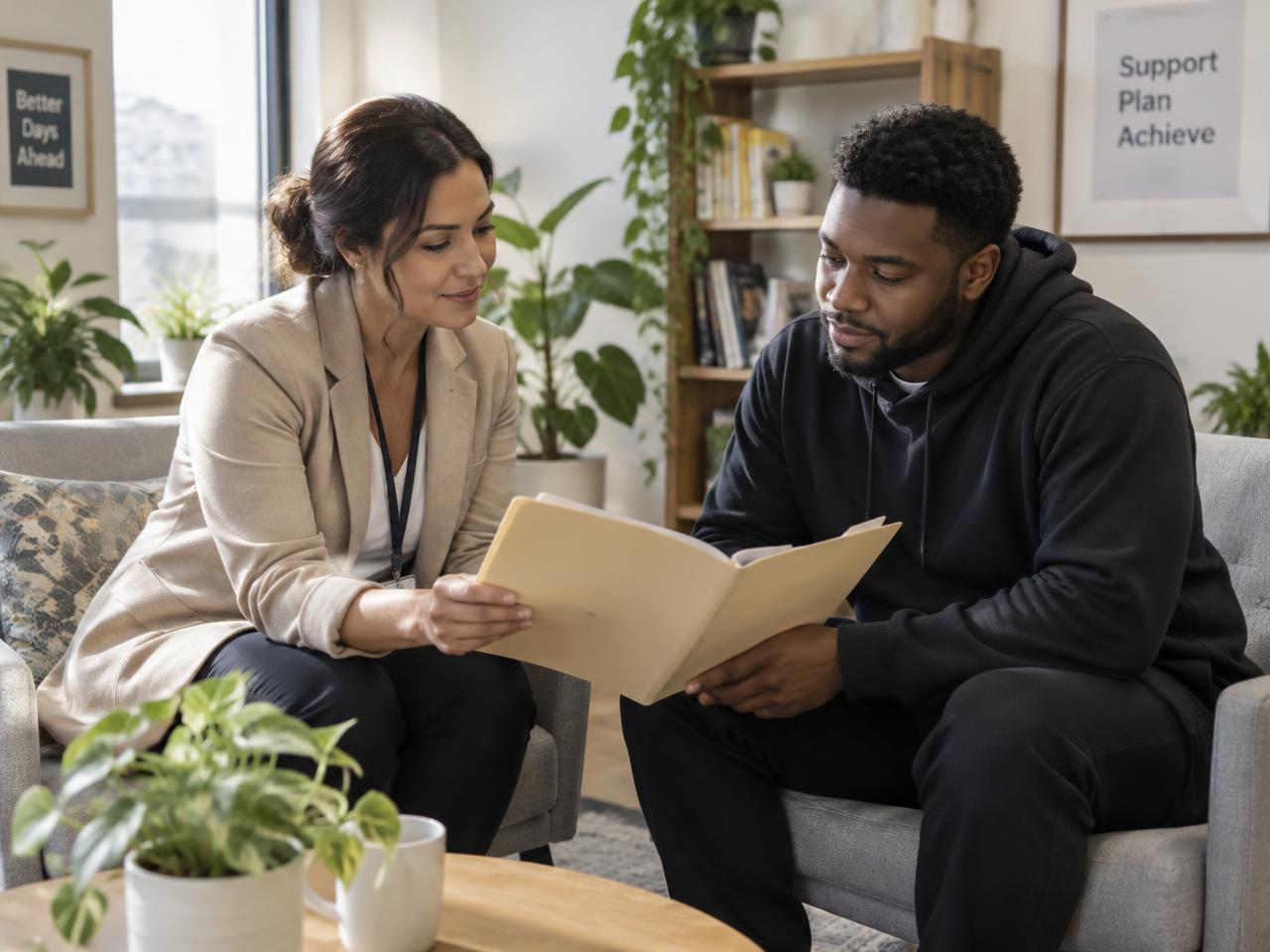 A case manager and a client reviewing a folder together in a calm office