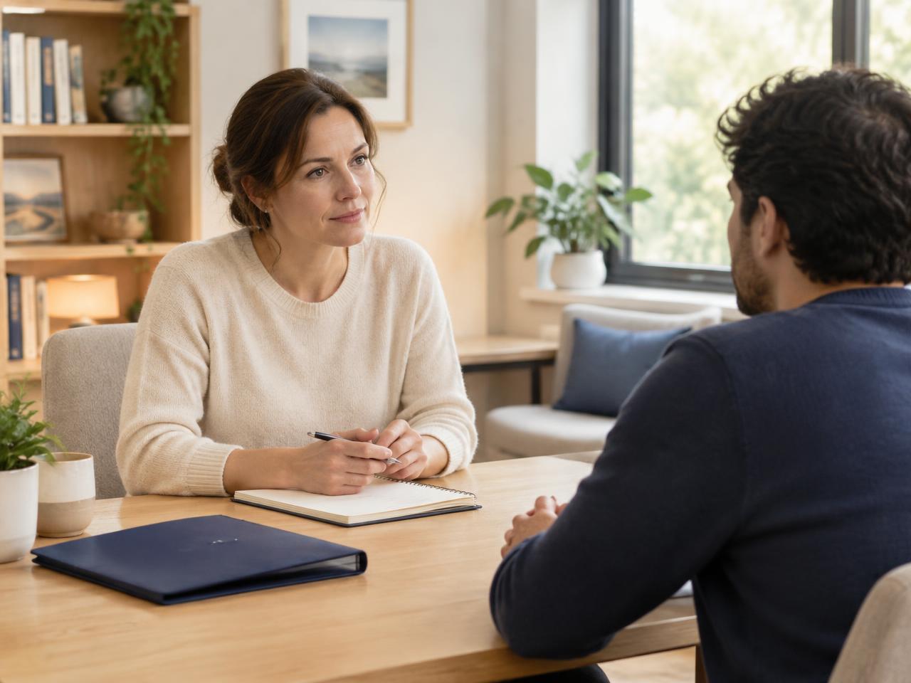 A counselor and a client talking at a table in a calm, bright office
