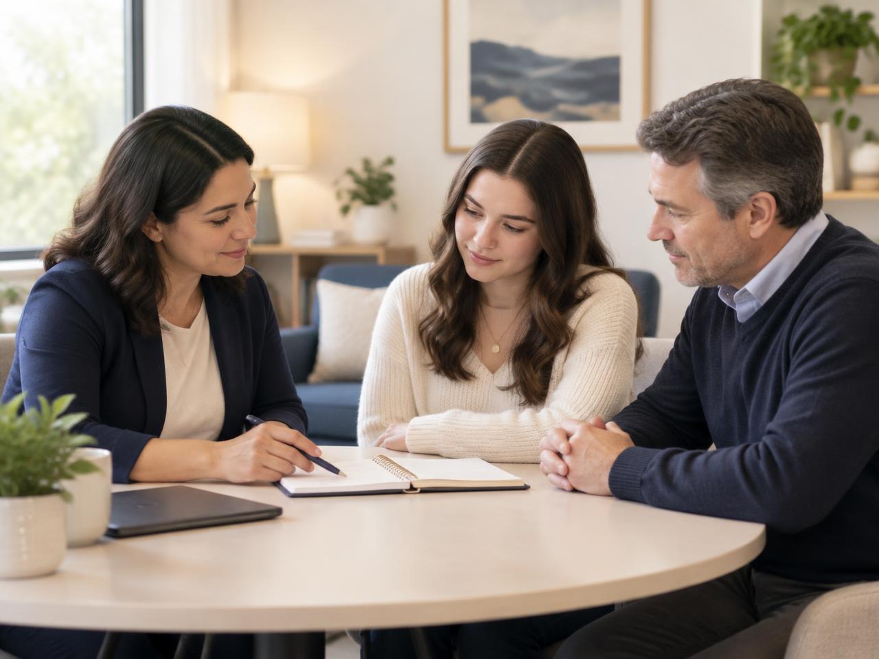 A young adult and her father reviewing notes with a care coordinator