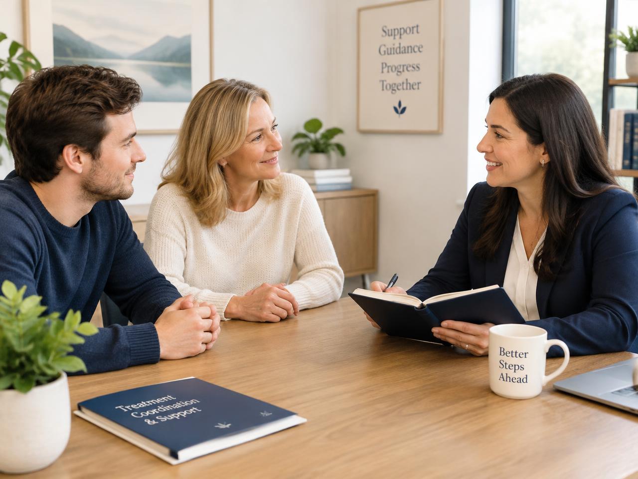 An adult client and parent meeting with a treatment coordinator at a table
