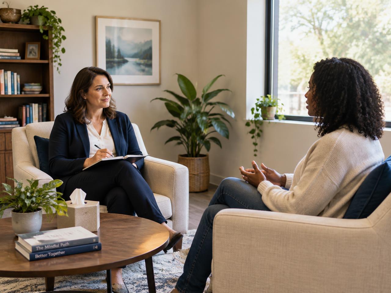 A counselor listening to an adult client during a calm one-on-one session