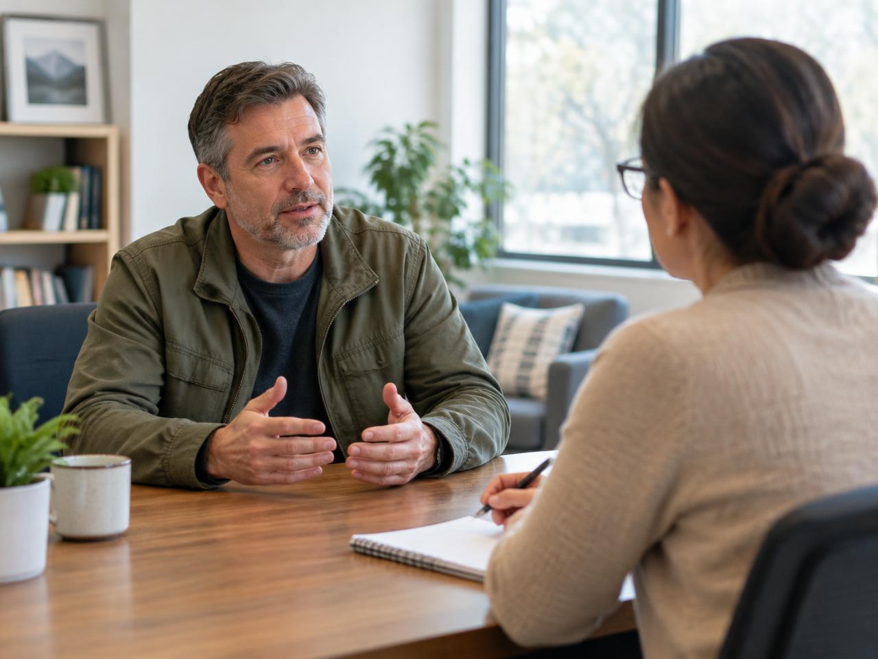 A Veteran meeting with a counselor in a calm office