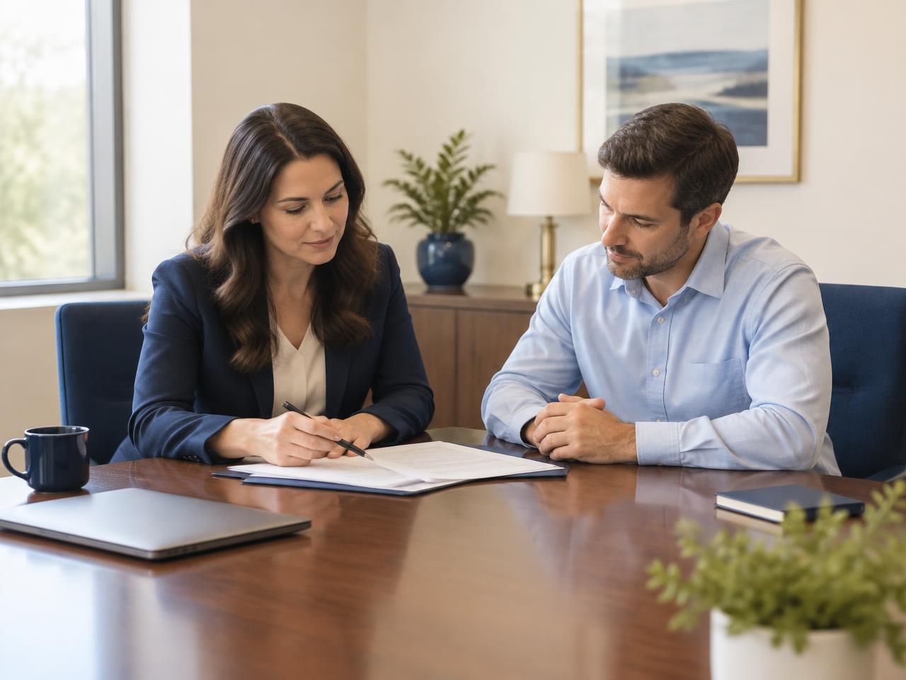 A consultant and a client reviewing documents at a conference table